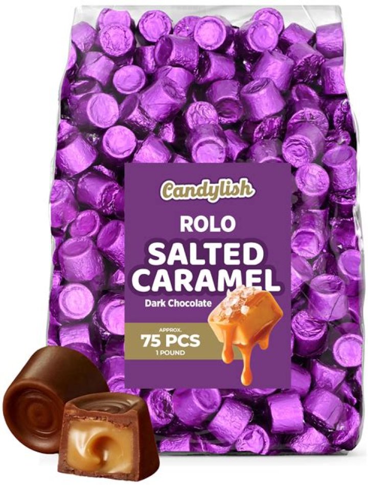 Sweet whose packaging says Creamy Caramels Wrapped in Rich Chocolate Candy